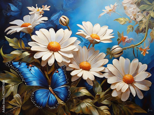 Oil Painted Morpho Butterflies Alight on Daisy Petals. Generative AI.