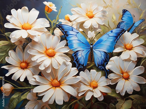 Oil Painted Morpho Butterflies Alight on Daisy Petals. Generative AI.