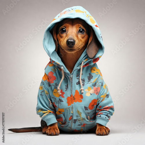 Adorable picture of a cute dachshund dog wearing jacket. Datailed image on grey background photo