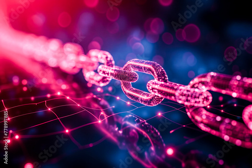 Blockchain network concept , Distributed ledger technology , Block chain text and computer connection. The file is saved in the version AI10 EPS. photo