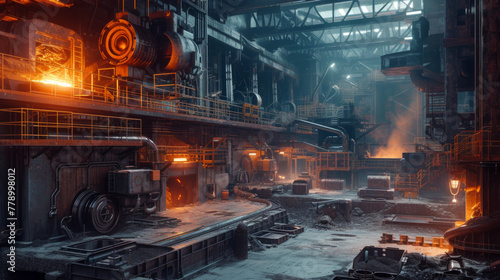 A massive steel foundry with melting furnaces and casting molds, temporarily dormant but capable of shaping molten metal into strong structures photo
