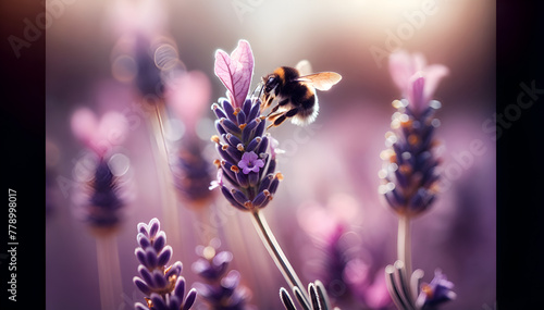 a single bumblebee landing on a lavender flower, with the focus on the bee and the lavender's delicate details,