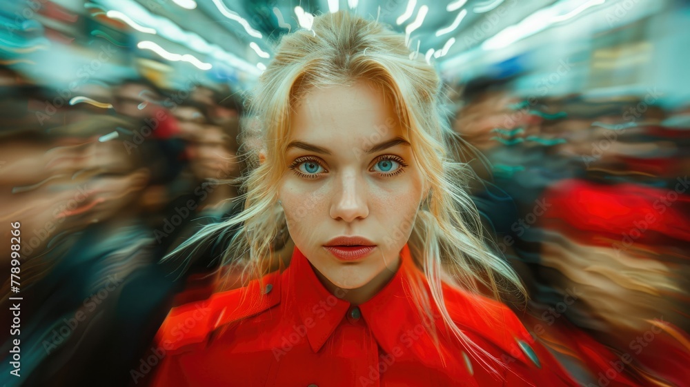 Woman in red with dynamic background - Startling blue-eyed woman in a red coat stands out against a dynamically blurred crowd