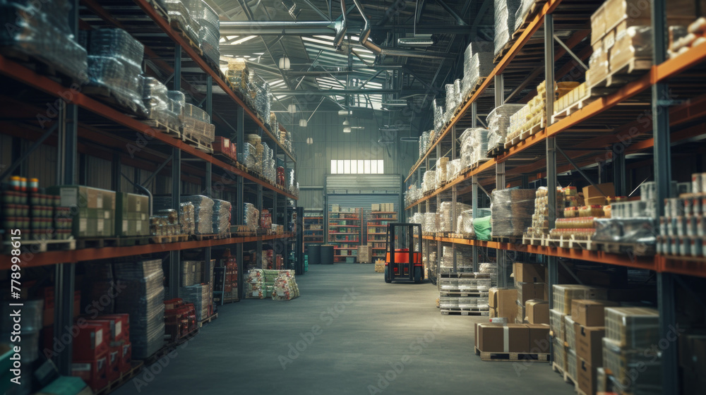 A bustling logistics warehouse with shelves and forklifts, currently empty but ready to store and distribute a vast array of goods
