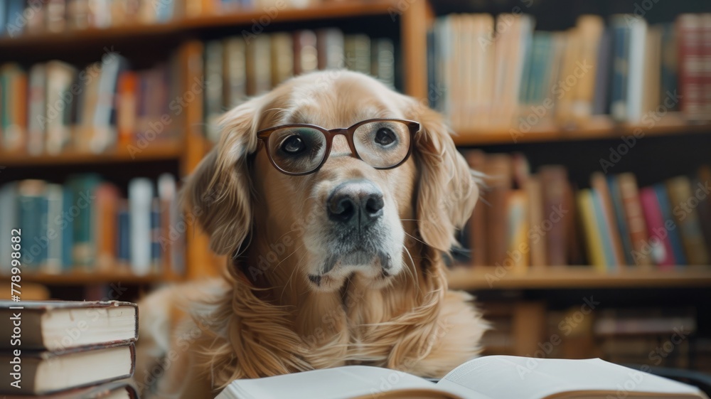 Dog with a book in a library setting - A charming dog appears to be reading a book surrounded by a library backdrop, engaging and whimsical