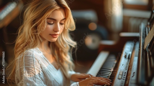 Talented blonde musician composing a new melody, her passion for music evident photo