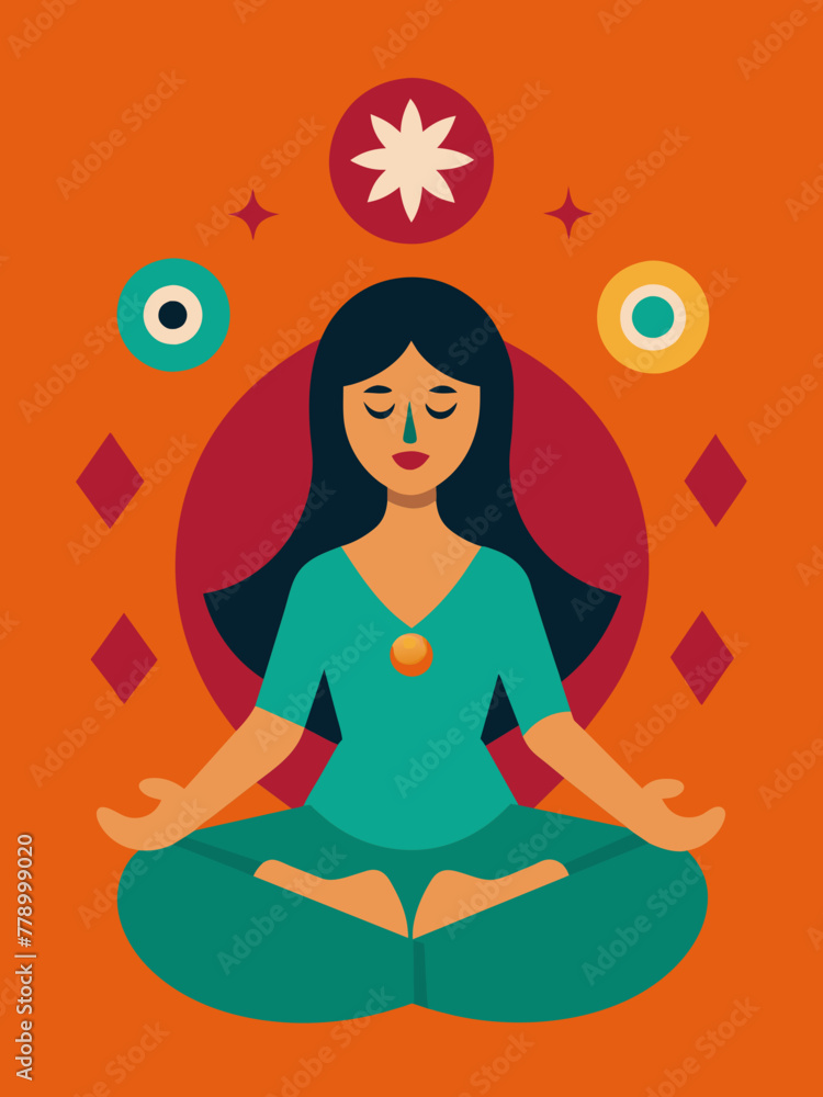 poster for a yoga center, on an orange background, a girl in a green suit in the lotus position