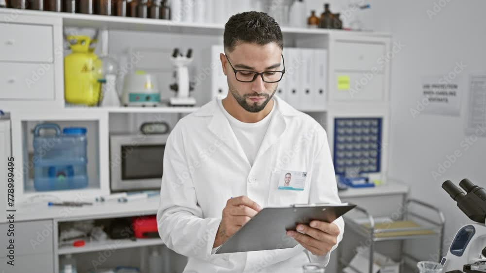 A focused man in labcoat writes on clipboard in a modern laboratory. A focused man in labcoat writes on clipboard in a modern laboratory.