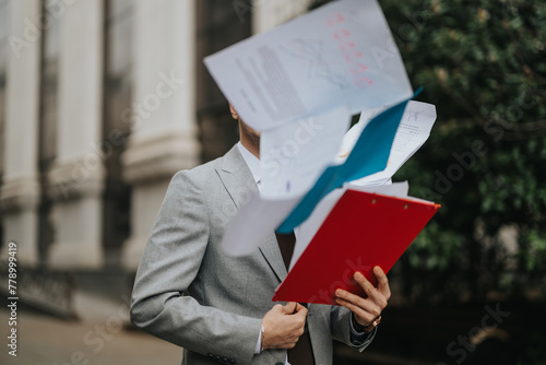 Stressed business professional losing grip of documents from red folder in urban setting, signifying work pressure © qunica.com
