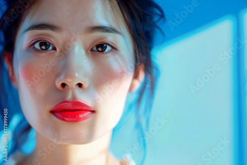 Beautiful young Asian woman. Close-up portrait on a background of a bright blue wall and sun glare. Banner with copy space for text