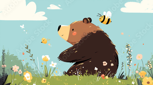 A cartoon bear is sitting in a field of flowers with a bee flying above it