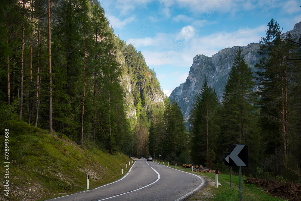 Eine Straße durch einen Wald in einem Tal, mit einem Auto in der Ferne und einem Bergmassiv im Hintergrund