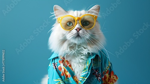 Cute white cat in a blue summer shirt and yellow glasses sitting on a blue background