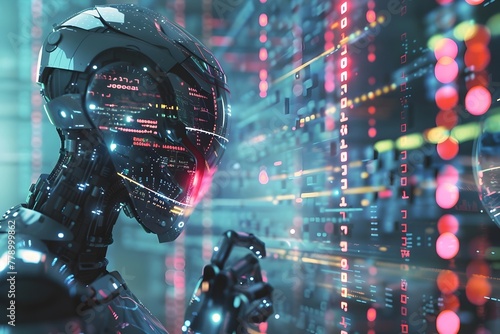 Holographic Robot Brian Manipulating Virtual Code Blocks in a Futuristic Digital Landscape