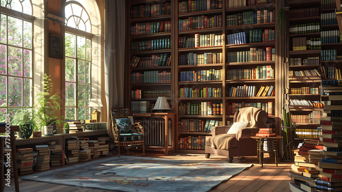Interior of a library with bookshelves and armchair. 