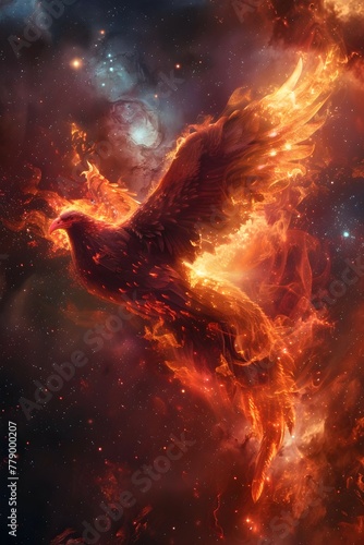 Burning Phoenix Rising from Ashes against Awe-Inspiring Galaxy: A Surreal Vision of Rebirth and Transformation