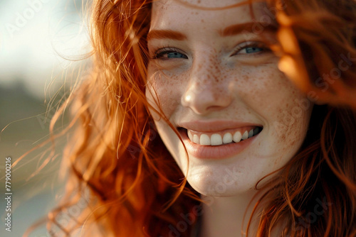 Close-up of a beautiful young red-haired woman with freckles. Portrait of a happy girl with a smile