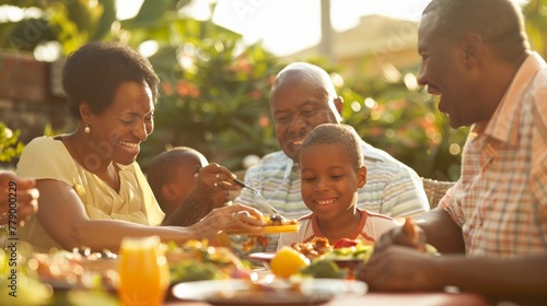 A multigenerational family sharing a meal outdoors on a summer evening, the setting infused with warm, inviting tones.
