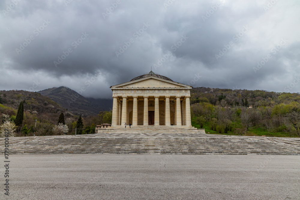 Canova Temple of Possagno, home to the tomb of Canova, his hometown. World-famous sculptor, neoclassical style temple, colonnade, precious decorations. Phanteon shape with coffered ceiling and oculus.