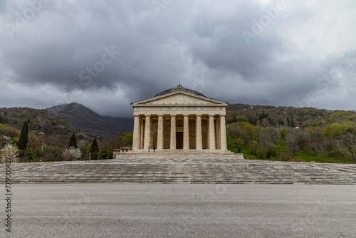 Canova Temple of Possagno, home to the tomb of Canova, his hometown. World-famous sculptor, neoclassical style temple, colonnade, precious decorations. Phanteon shape with coffered ceiling and oculus.