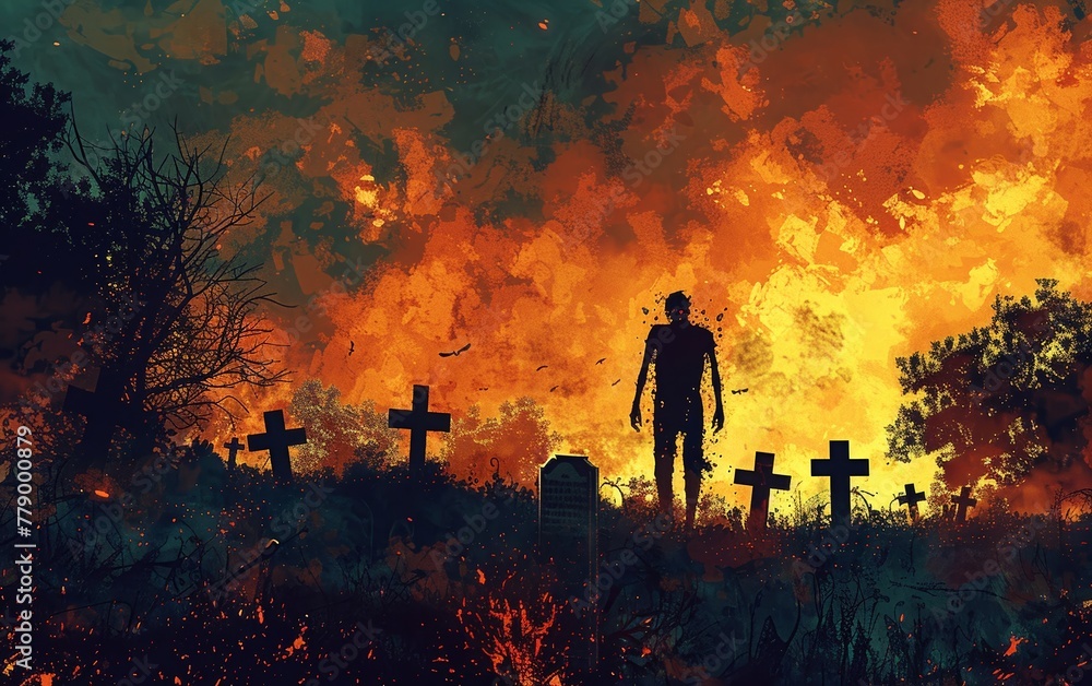 zombie walking in the burnt cemetery with burning sky, digital art style, illustration painting zombie walking in the burnt cemetery with burning sky, digital art style, illustration painting