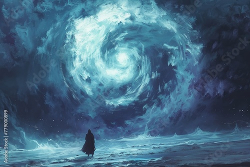 wizard conjure up a huge water vortex in the background., digital art style, illustration painting photo