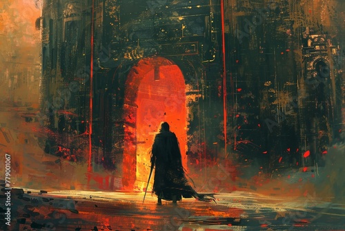 man with spear standing in front of the hallway leading to the mysterious castle, digital art style, illustration painting