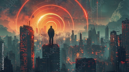 man in the dystopian city standing on building looking at the distant light circles, vector illustration
