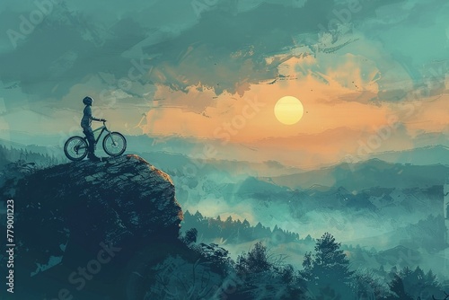 kid on bicycle on a mountain looking at the evening scenery, digital art style, illustration painting