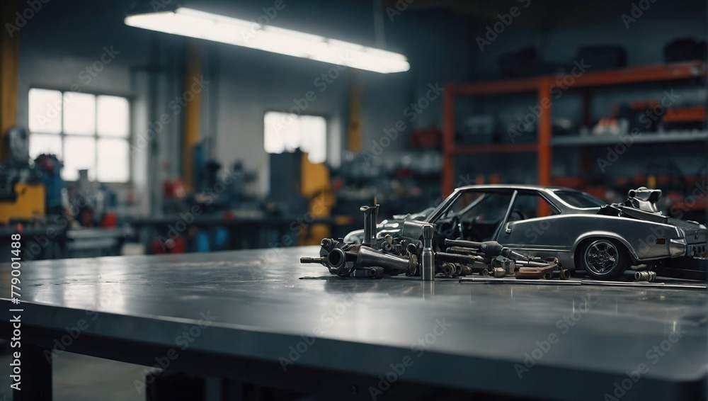 A empty metal blank tabletop with blurred automotive tools and parts in the background suitable for promoting automotive products