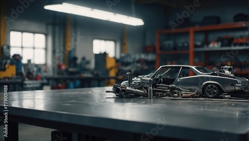 A empty metal blank tabletop with blurred automotive tools and parts in the background suitable for promoting automotive products photo