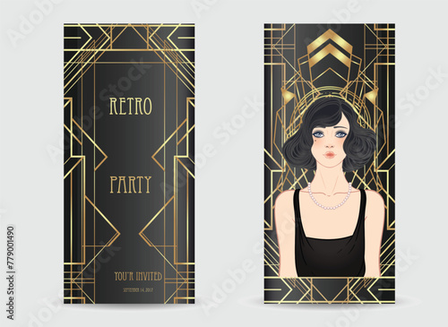 Art Deco vintage invitation template design with illustration of flapper girl...