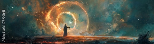 The wizard holds his wand standing at the circle gate, digital art style, illustration painting photo