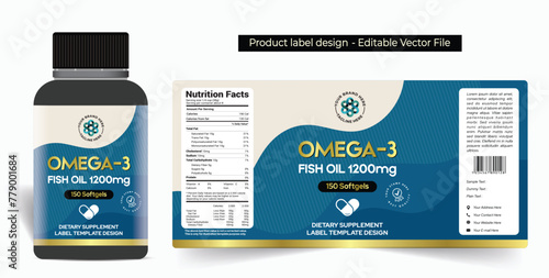Fish oil capsule label design omega-3 label design supplement capsule label jar packaging design, dietary supplement product label design premium quality editable vector illustration template file