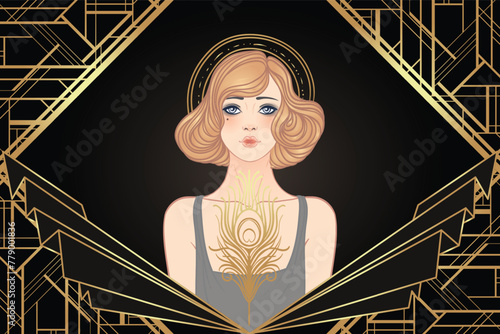 Art Deco vintage invitation template design with illustration of flapper girl...