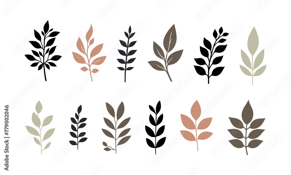 Set of branches leaves silhouette of plants, leaves, and vector illustration