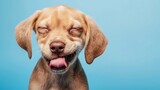 Hungry funny puppy dog licking its nose with tongue out and winking one eye closed isolated on blue colored background