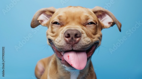Hungry funny puppy dog licking its nose with tongue out and winking one eye closed isolated on blue colored background photo