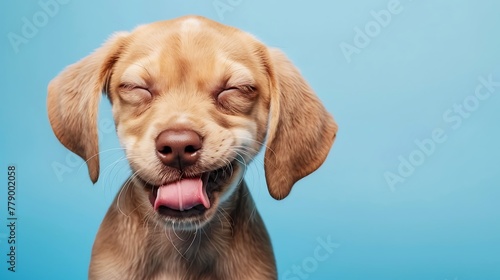 Hungry funny puppy dog licking its nose with tongue out and winking one eye closed isolated on blue colored background