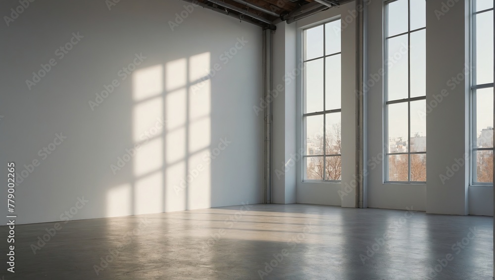 Blank white wall mockup in sunny modern empty gallery Blank white wall mockup in sunny modern empty gallery