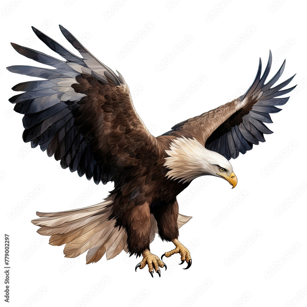 Fototapeta premium AI-generated watercolor flying Eagle clip art illustration. Isolated elements on a white background.