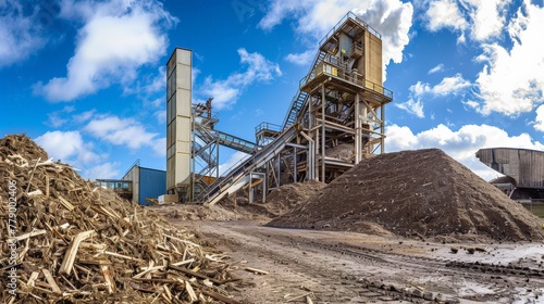 A panoramic shot of a biomass plant, turning organic waste into vital grid input. photo