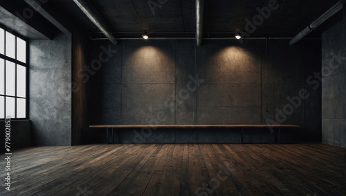Dark gallery interior with concrete walls  mock up place and wooden flooring