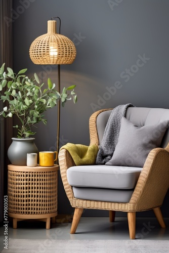 A Comfortable Rattan Chair in a Modern Living Room photo