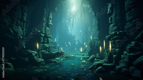 fantasy magic forest cave with glowing mushrooms and crystals