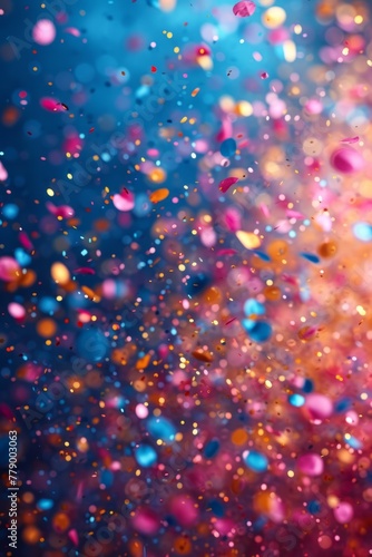 Colorful confetti falling on blue background