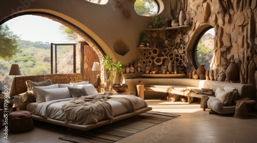 Earthen interior of a luxury bedroom with a large bed and a seating area
