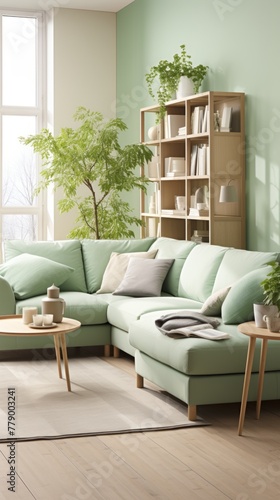 A living room with a large green sectional sofa, a coffee table, a rug, a bookshelf, and a few plants. photo