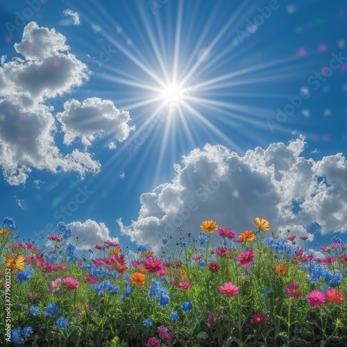 Field of flowers under blue sky and sunshine