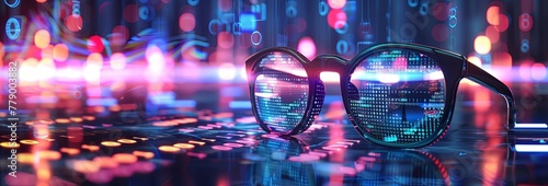 Smart glasses featuring a futuristic technology digital backdrop, alongside VR/AR goggles